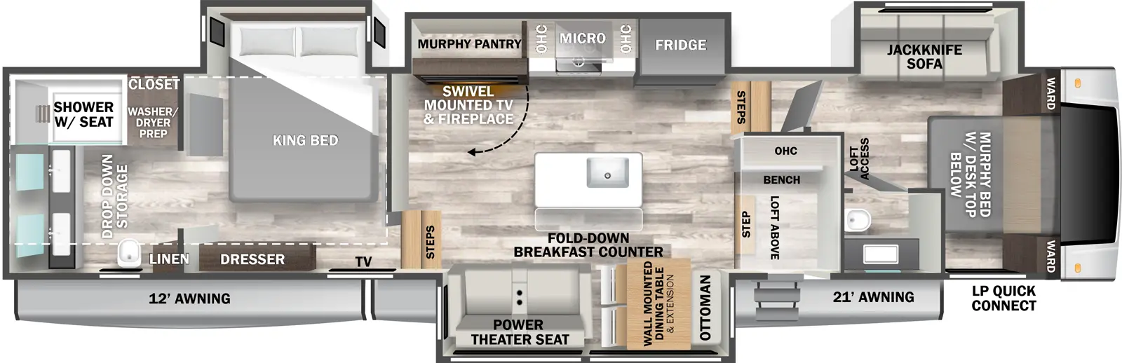 The 380MUD has four slideouts and one entry. Exterior features LP quick connect, and 12 foot and 21 foot awnings. Interior layout front to back: front murphy bed with desk top below, wardrobes on each side, off-door side jackknife sofa, and door side half bathroom; off-door side steps down to main living area; door side mud room with bench and overhead cabinet, step up to main living area, and loft above; off-door side slideout with refrigerator, cooktop, microwave, overhead cabinet, and swivel mounted TV and fireplace with murphy pantry behind; kitchen island with sink and fold-down breakfast counter; door side slideout with wall mounted dining table, extension and ottoman, and power theater seat; door side steps up to rear bedroom with drop down storage below; off-door side king bed slideout and door side dresser and TV; rear bedroom with dual sinks, linen closet, shower with seat, and closet with washer/dryer prep.